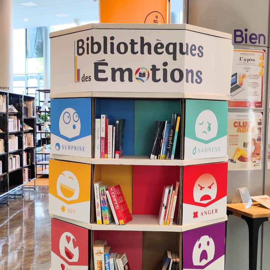 Une Bibliothèque des Émotions, meuble hexagonal et livres classés par émotion