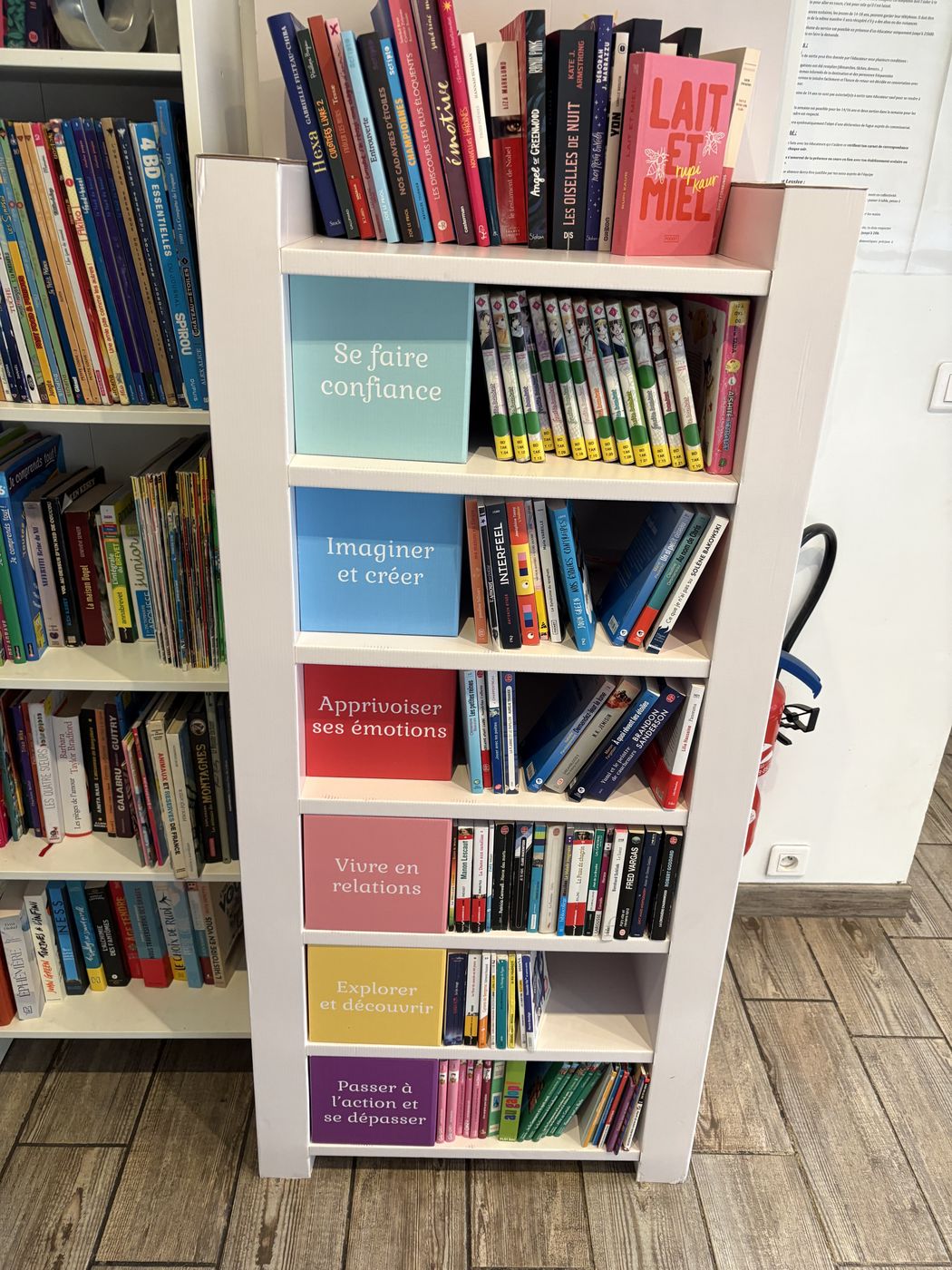 Une bibliothèque thématique aux rubriques colorées : se faire confiance, imaginer et créer, apprivoiser ses émotions