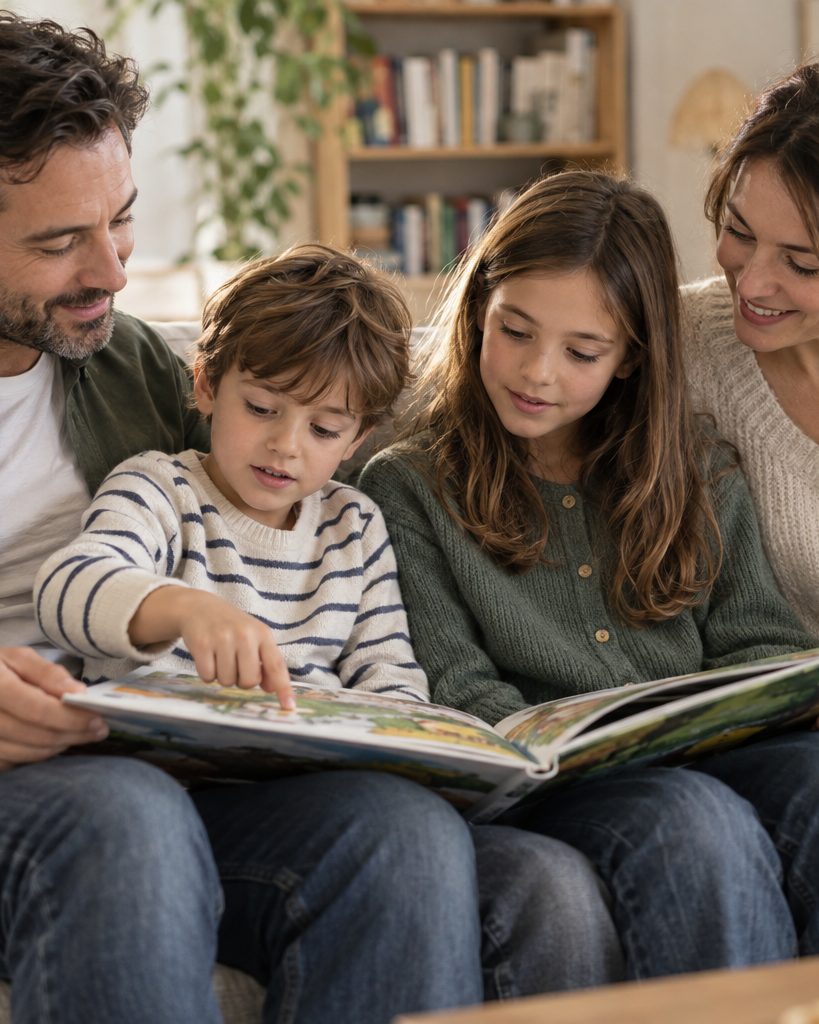 Des parents et leurs enfants lisent ensemble sur un canapé