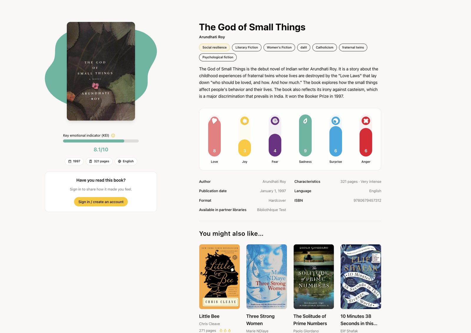 Fiche livre de la plateforme Libraries of Emotions : The God of Small Things, d’Arundhati Roy, avec son indicateur KEI de 8,1 sur 10 et son profil sur six émotions (amour, joie, peur, tristesse, surprise, colère).