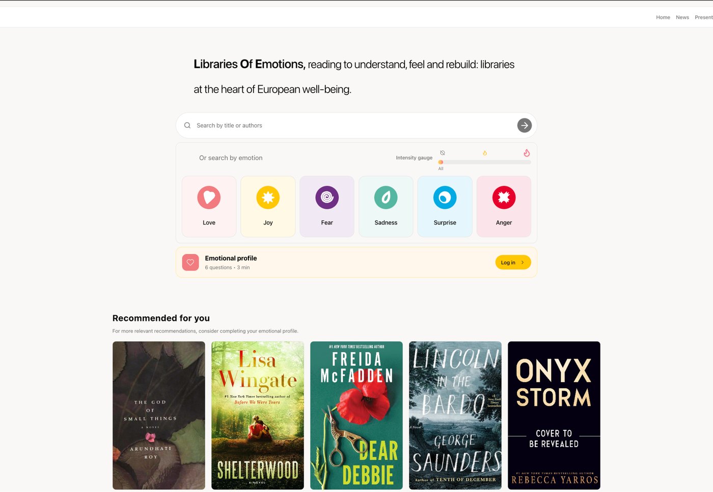 Page d’accueil de la plateforme Libraries of Emotions : recherche par titre ou par émotion (amour, joie, peur, tristesse, surprise, colère) et livres recommandés.